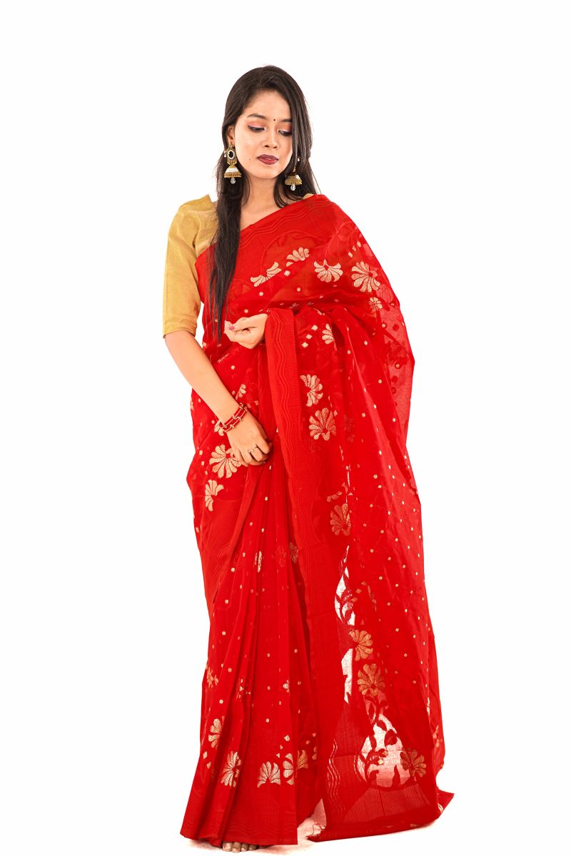 Scarlet Red Gold Taj Mahal Half Silk Saree