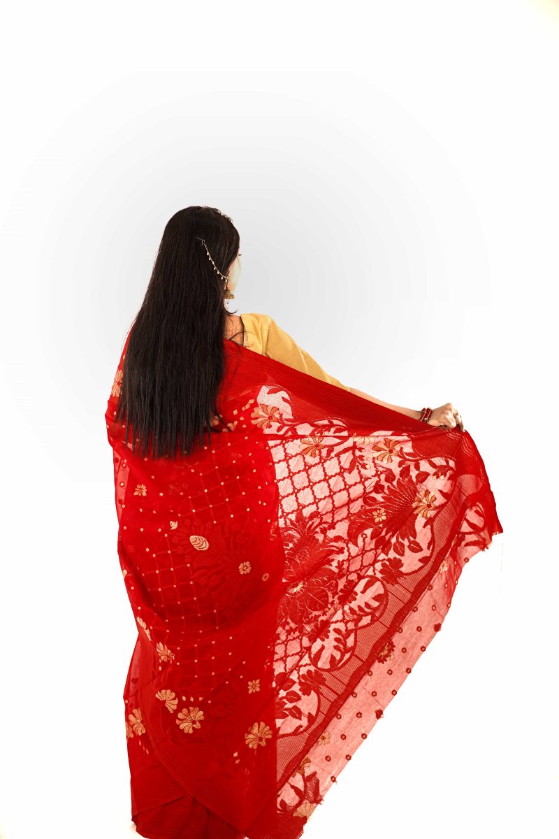 Scarlet Red Gold Taj Mahal Half Silk Saree