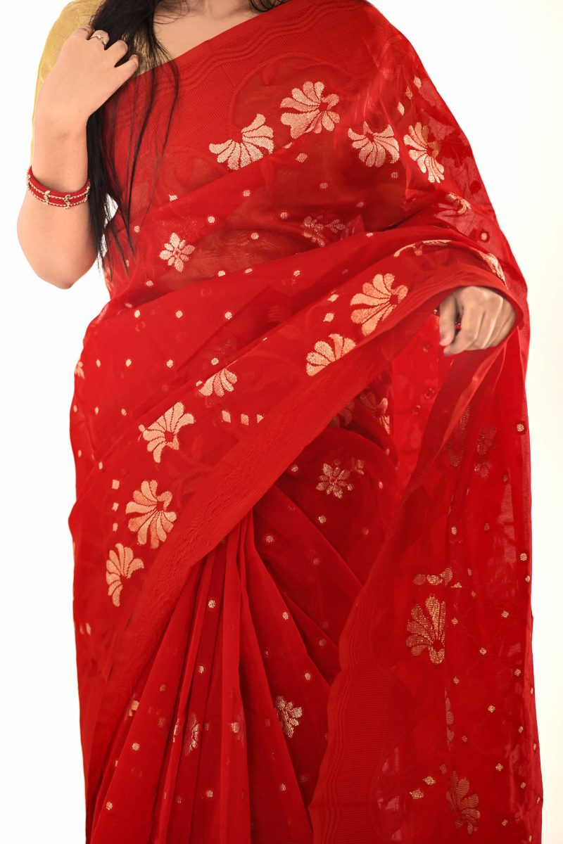 Scarlet Red Gold Taj Mahal Half Silk Saree