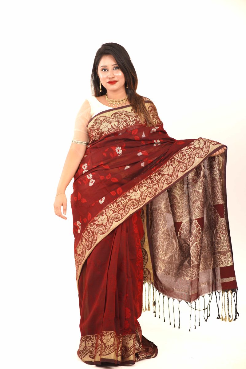Maroon Gold Taj Mahal Cotton Saree