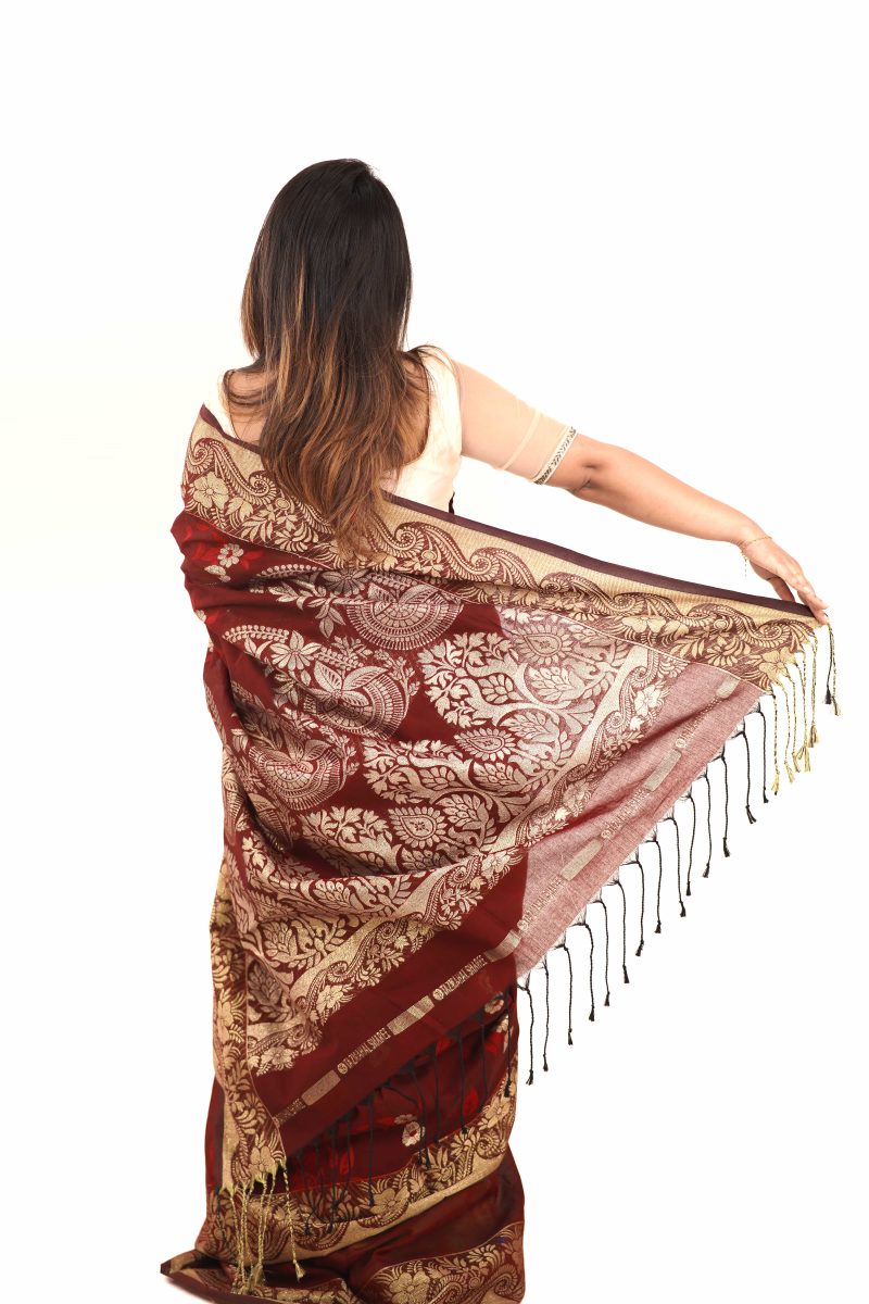 Maroon Gold Taj Mahal Cotton Saree