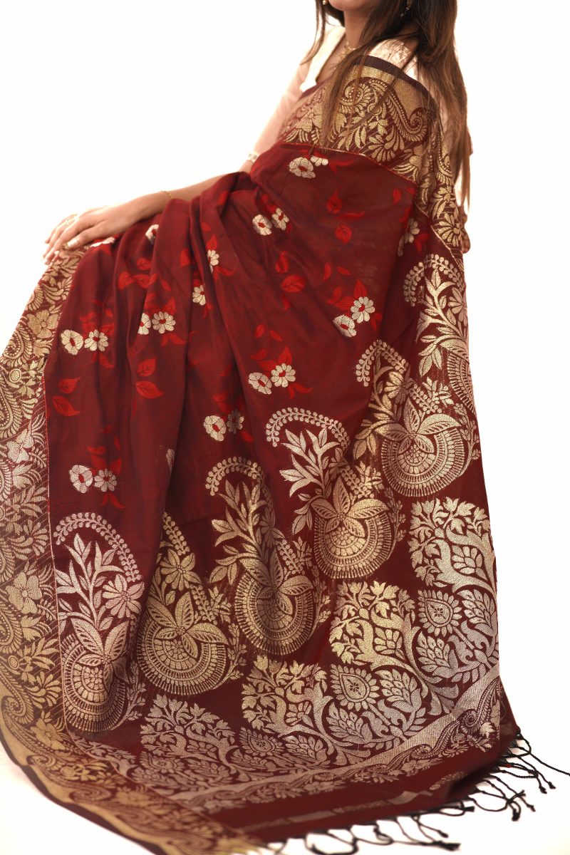 Maroon Gold Taj Mahal Cotton Saree