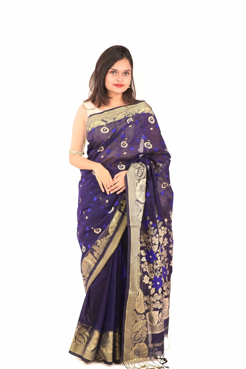 Royal Blue & Gold Floral Taj Mahal Cotton Saree