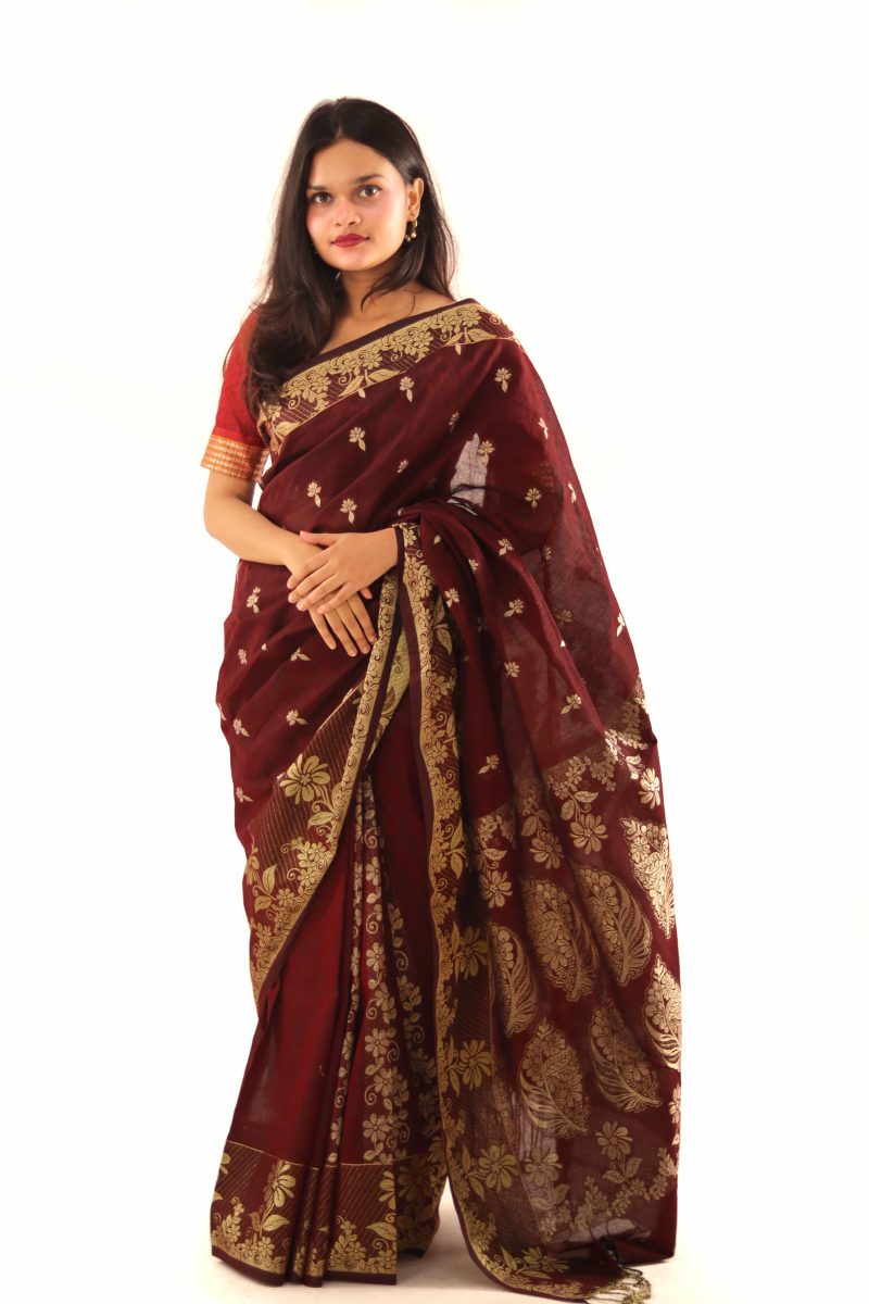 Deep Maroon Gold Taj Mahal Cotton Saree