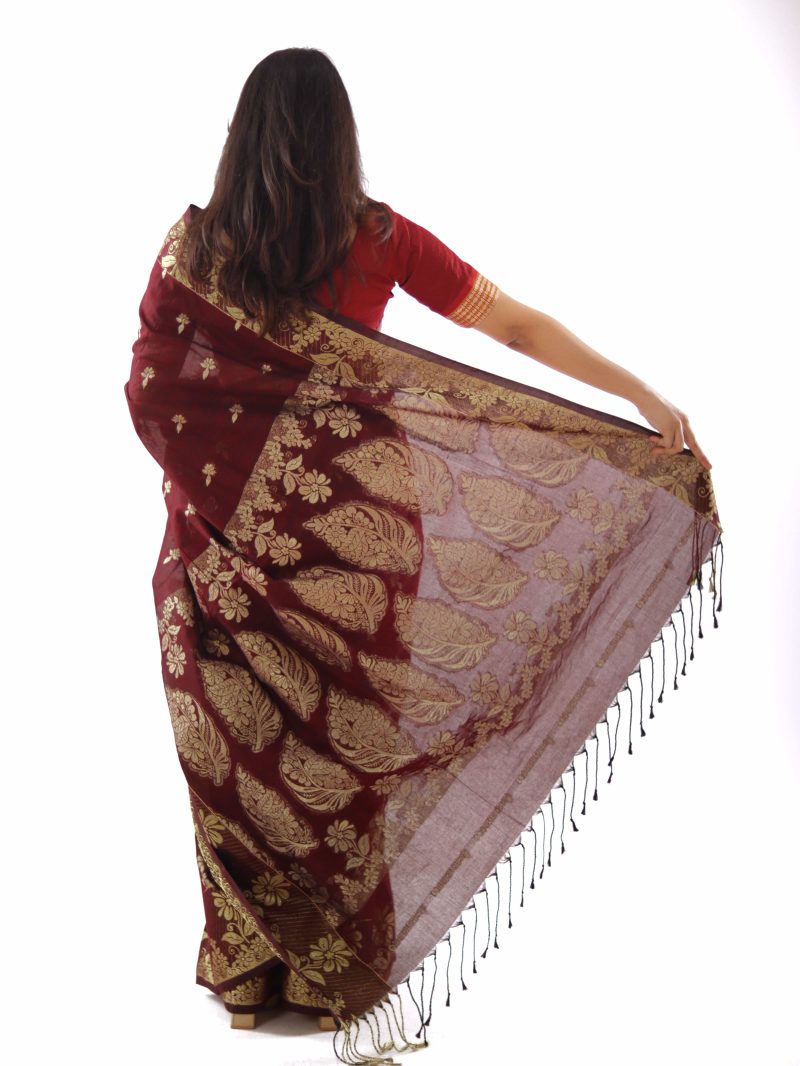 Deep Maroon Gold Taj Mahal Cotton Saree
