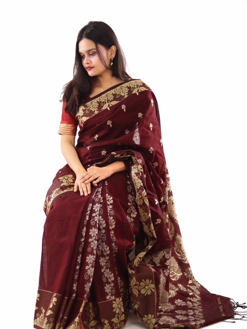Deep Maroon Gold Taj Mahal Cotton Saree