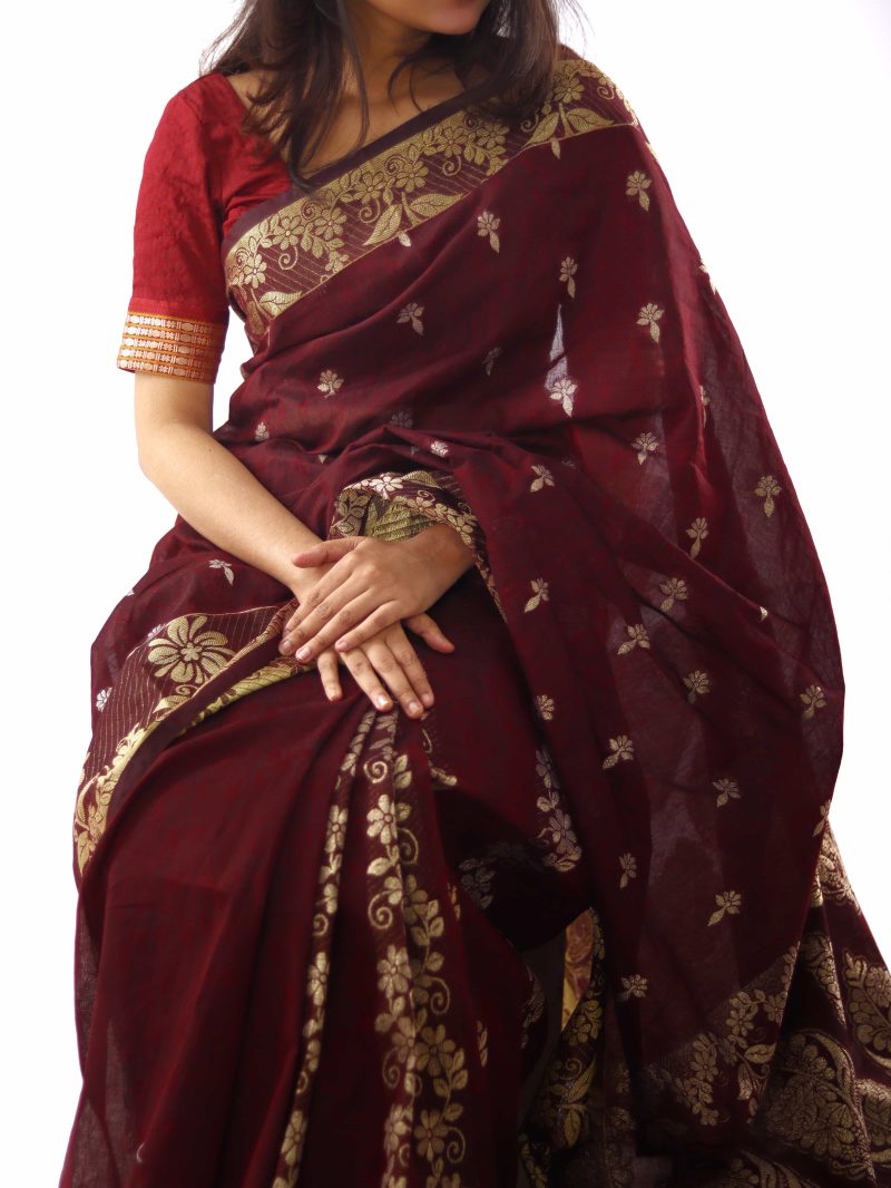 Deep Maroon Gold Taj Mahal Cotton Saree