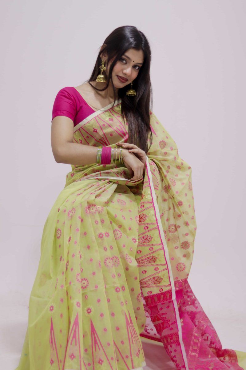 Lime Pink Woven Jamdani Stain Silk Saree