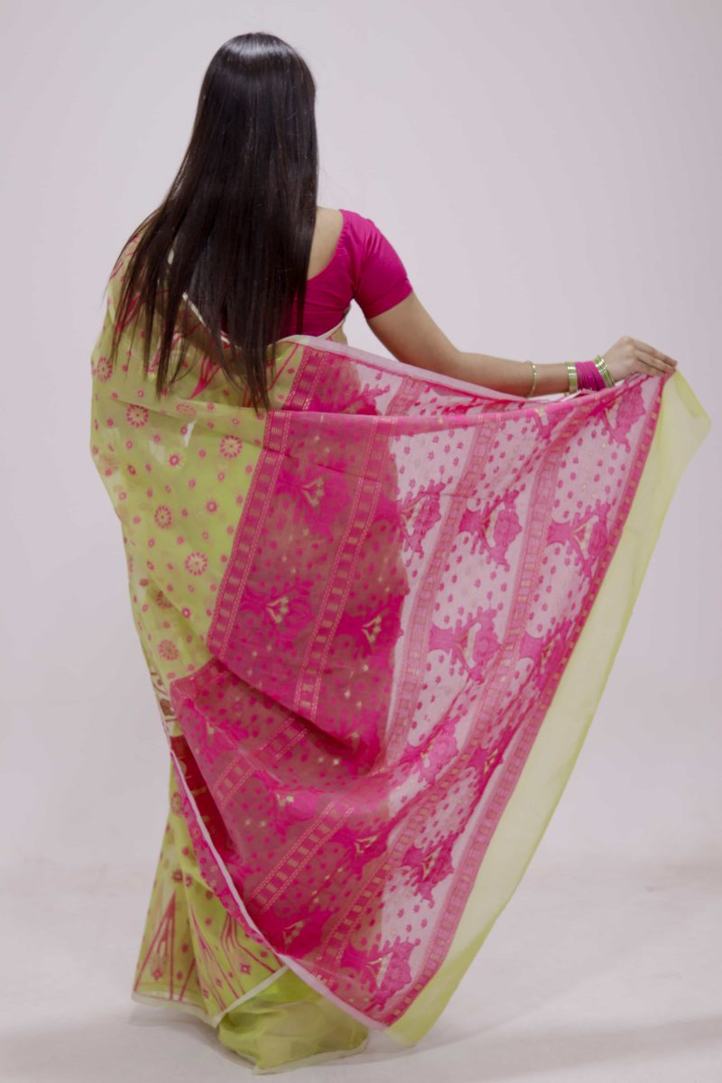 Lime Pink Woven Jamdani Stain Silk Saree
