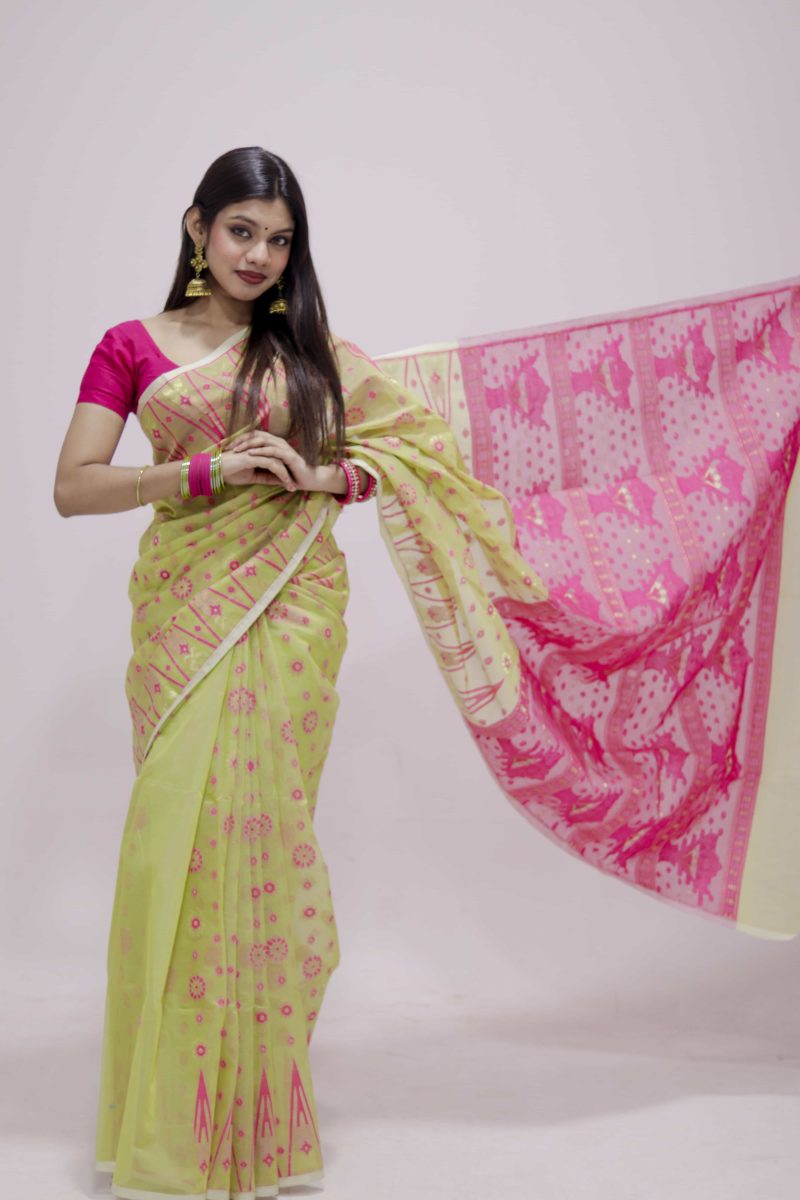 Lime Pink Woven Jamdani Stain Silk Saree