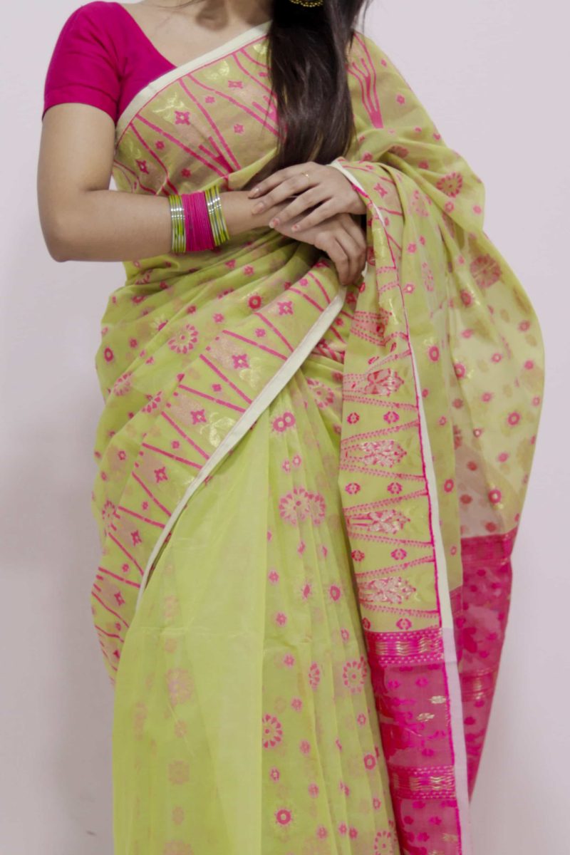 Lime Pink Woven Jamdani Stain Silk Saree