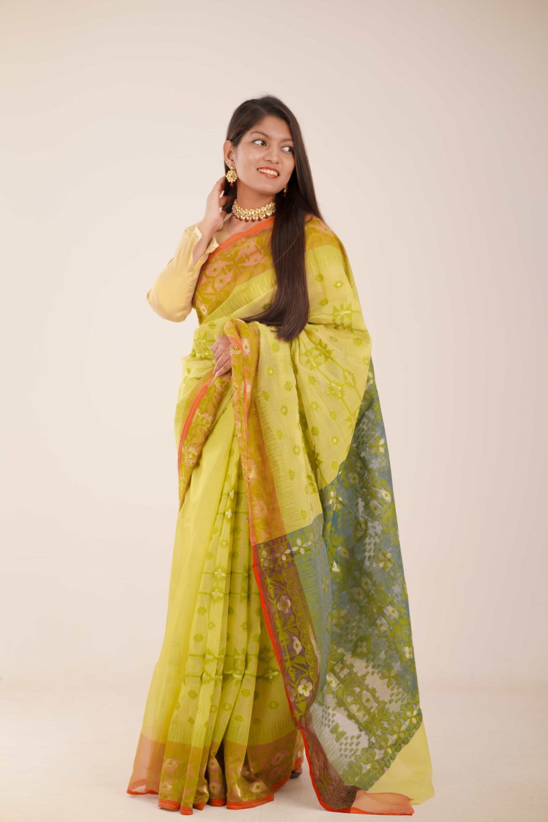 Mehendi Multicolor Woven Jamdani Stain Silk Saree