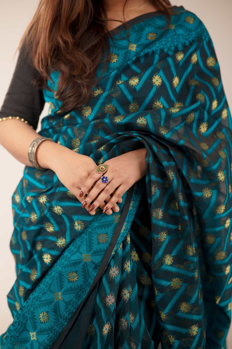 Pine Green Woven Jamdani Stain-Silk Saree