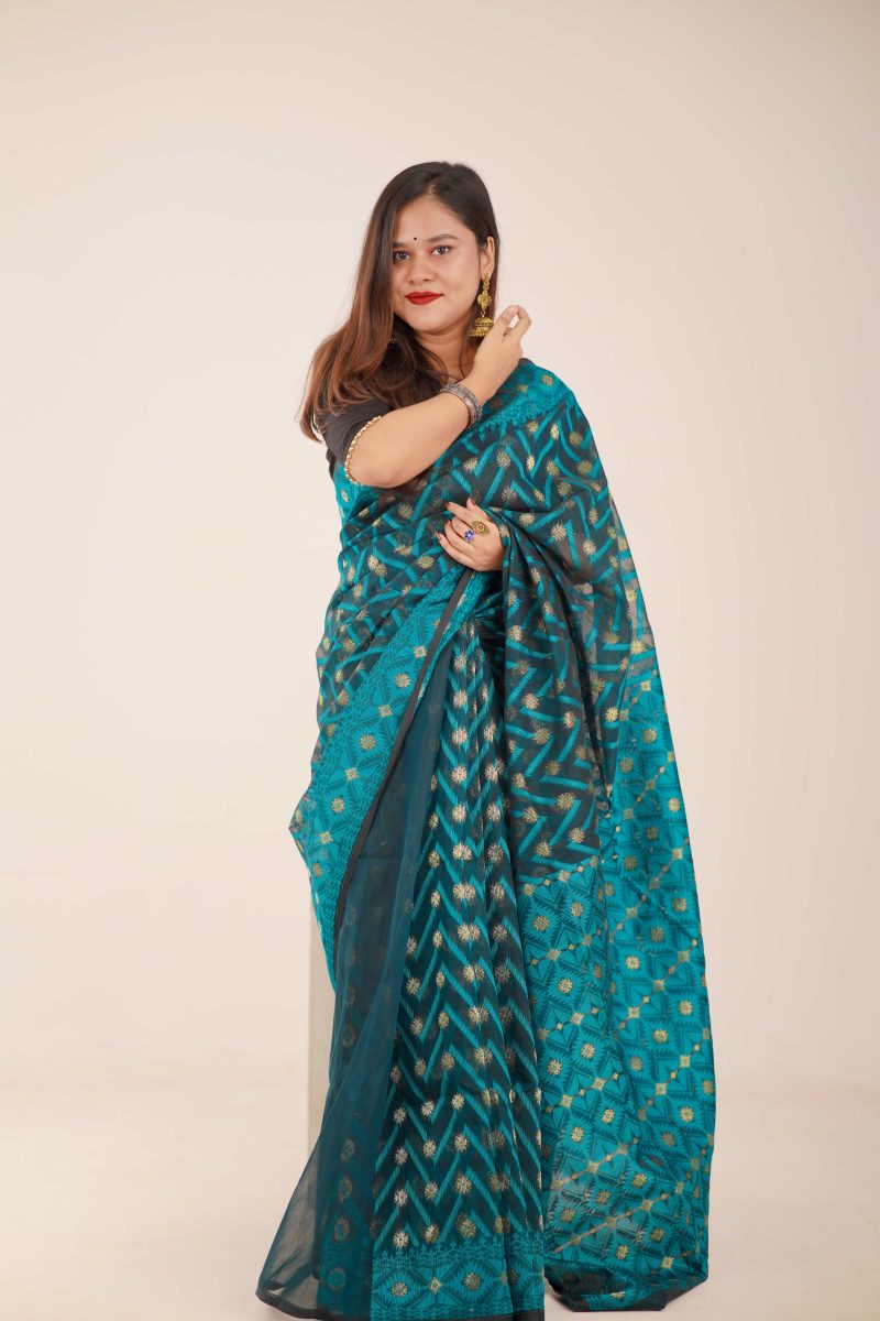 Pine Green Woven Jamdani Stain-Silk Saree