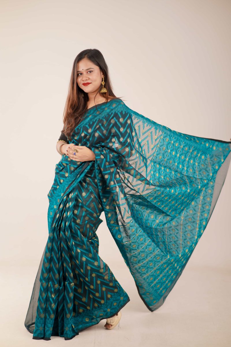 Pine Green Woven Jamdani Stain-Silk Saree