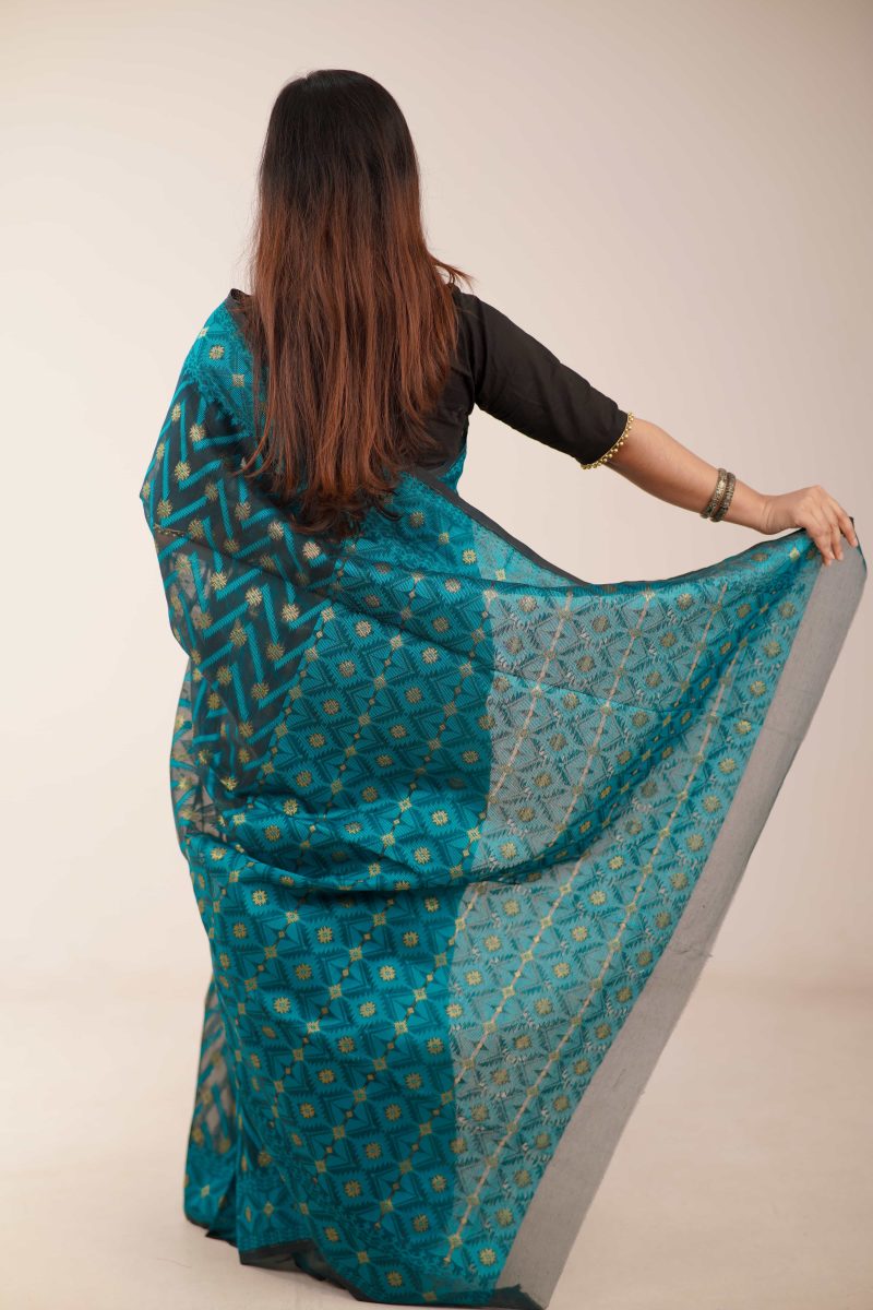 Pine Green Woven Jamdani Stain-Silk Saree