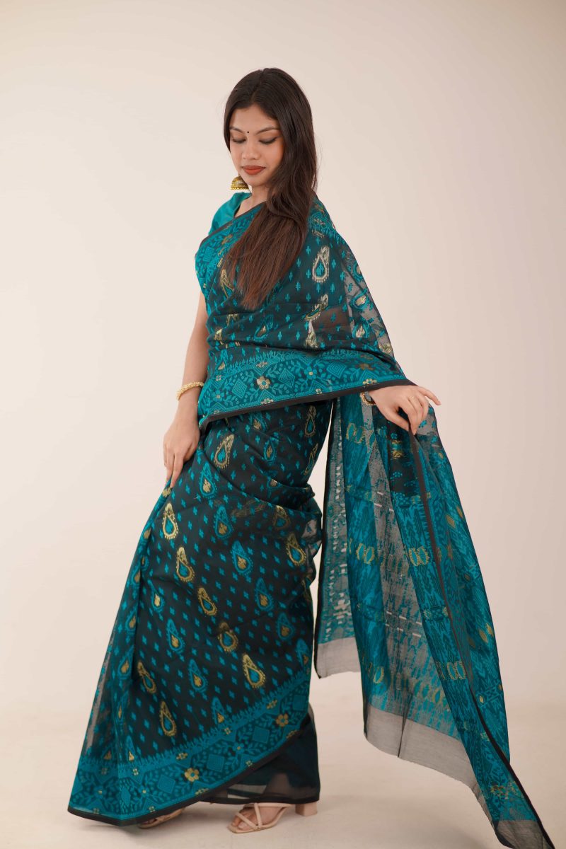 Teal Green Woven Jamdani Stain-Silk Saree