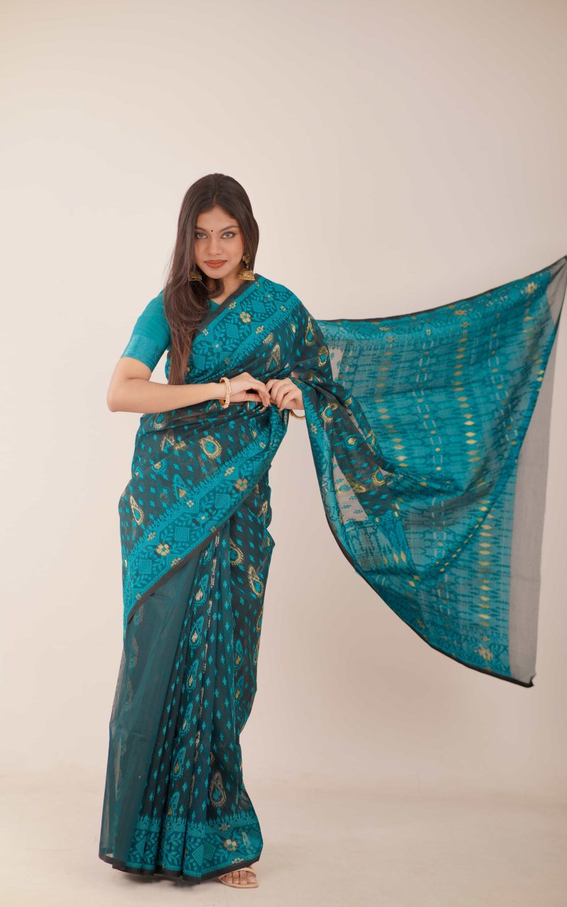 Teal Green Woven Jamdani Stain-Silk Saree