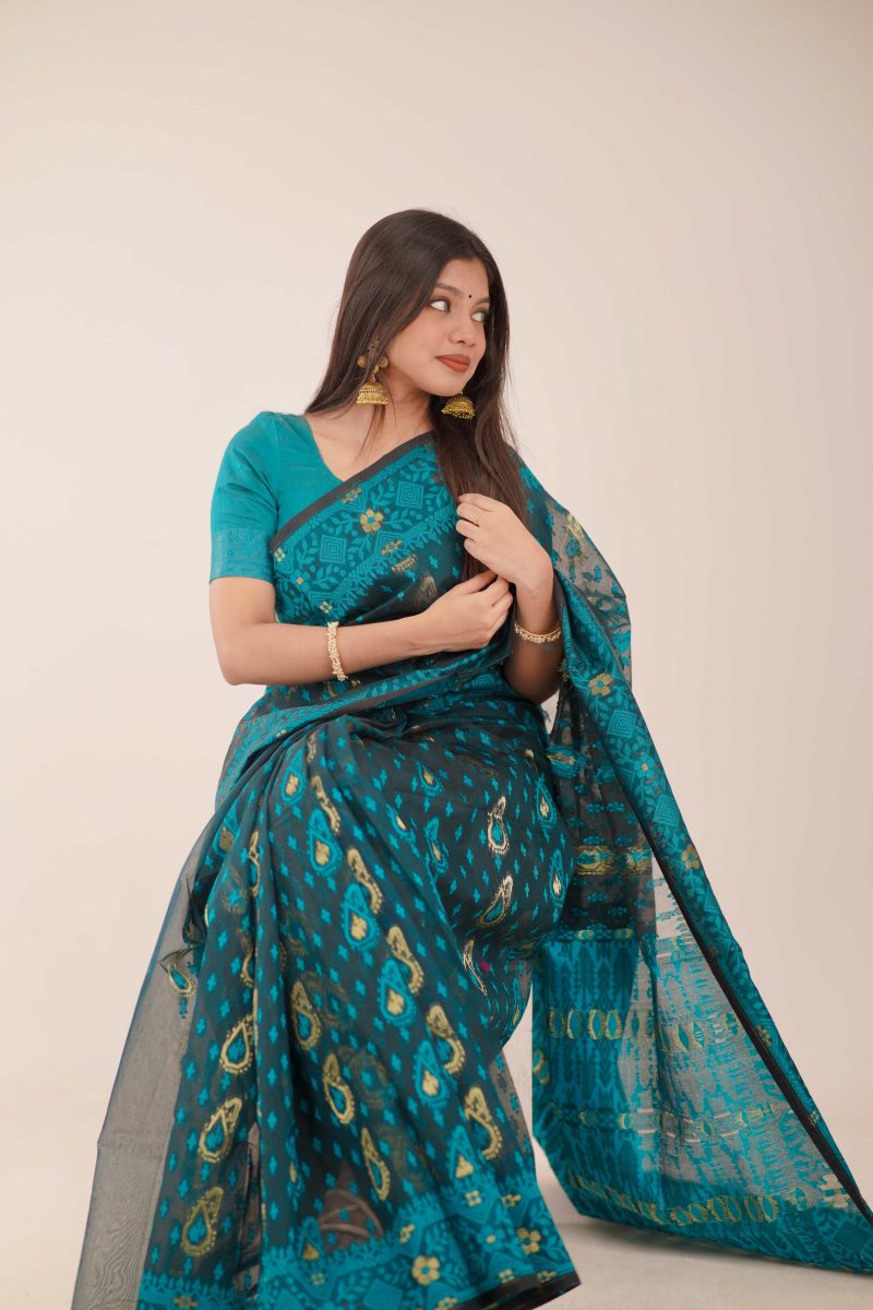Teal Green Woven Jamdani Stain-Silk Saree