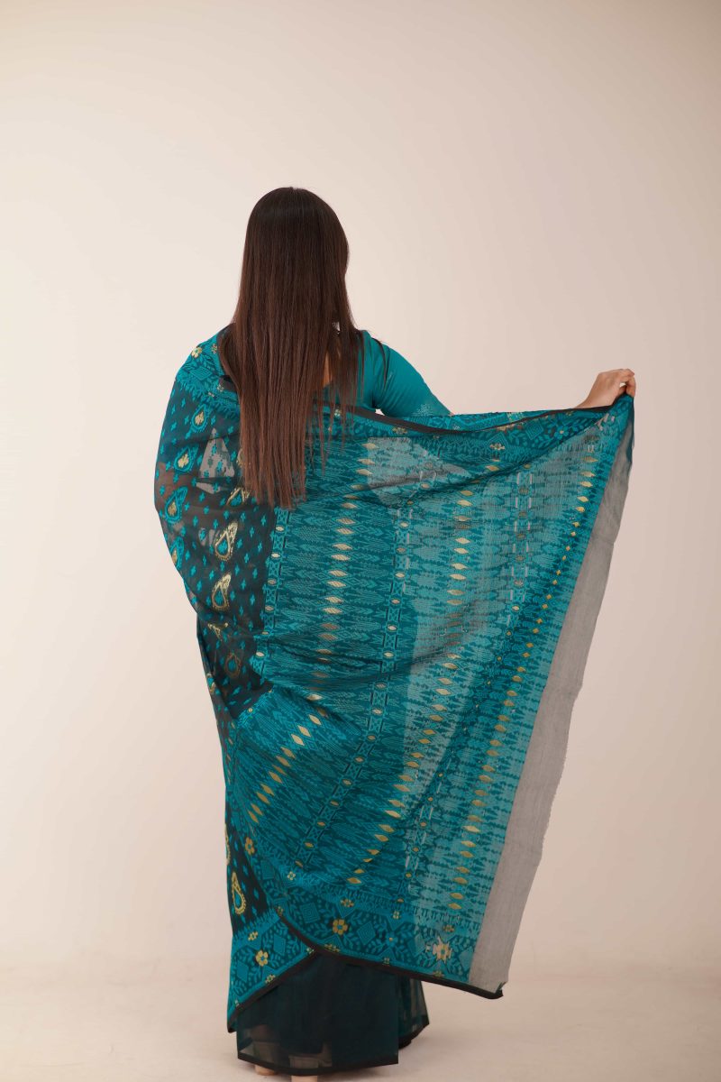 Teal Green Woven Jamdani Stain-Silk Saree