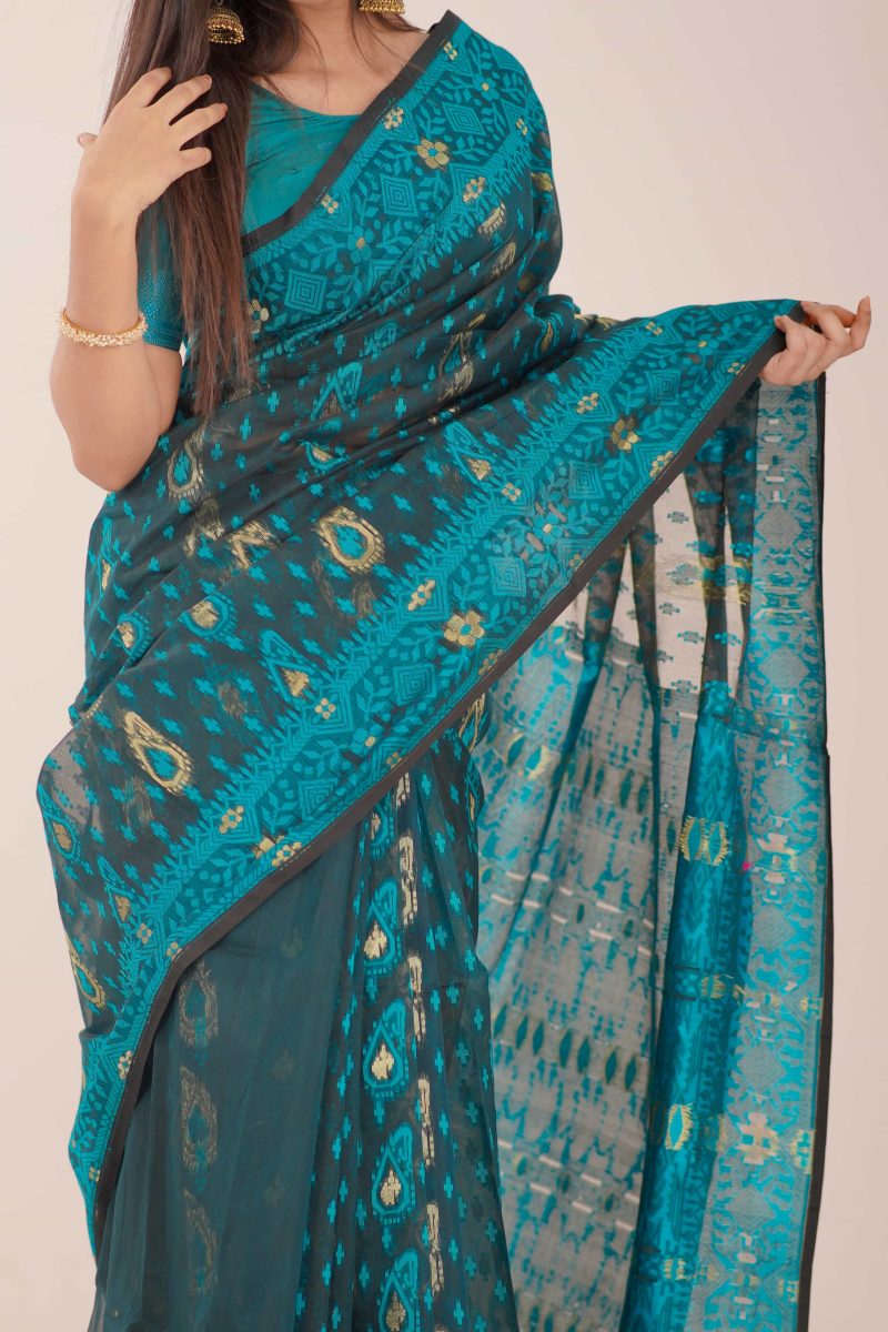 Teal Green Woven Jamdani Stain-Silk Saree