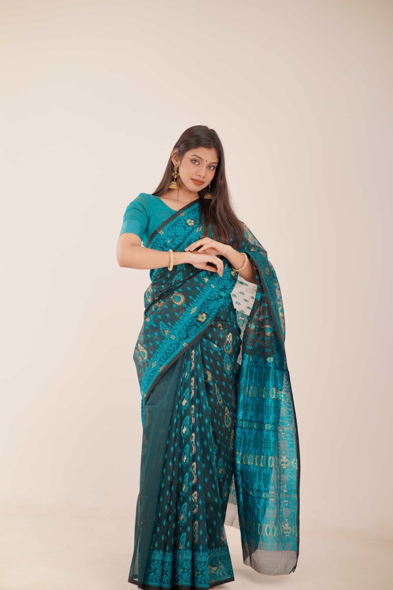 Teal Green Woven Jamdani Stain-Silk Saree