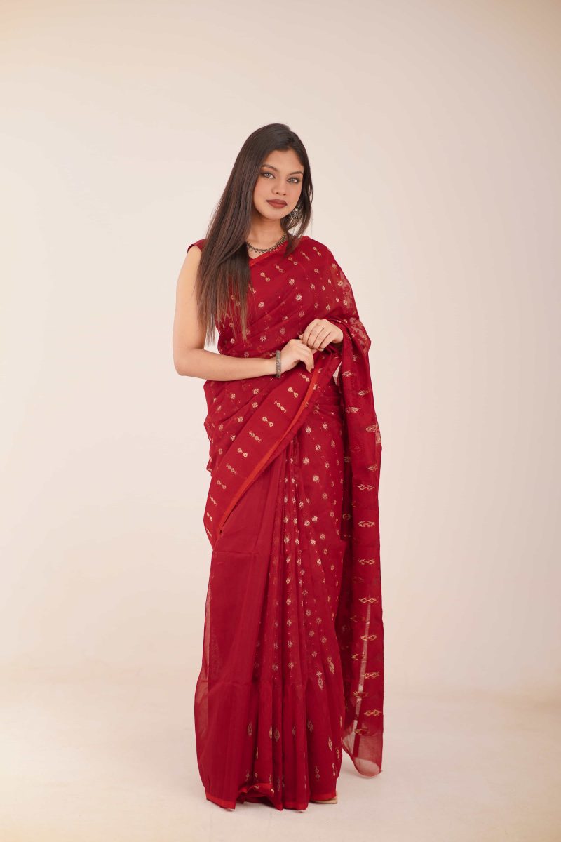 Ruby Gold Woven Jamdani Stain-Silk Saree