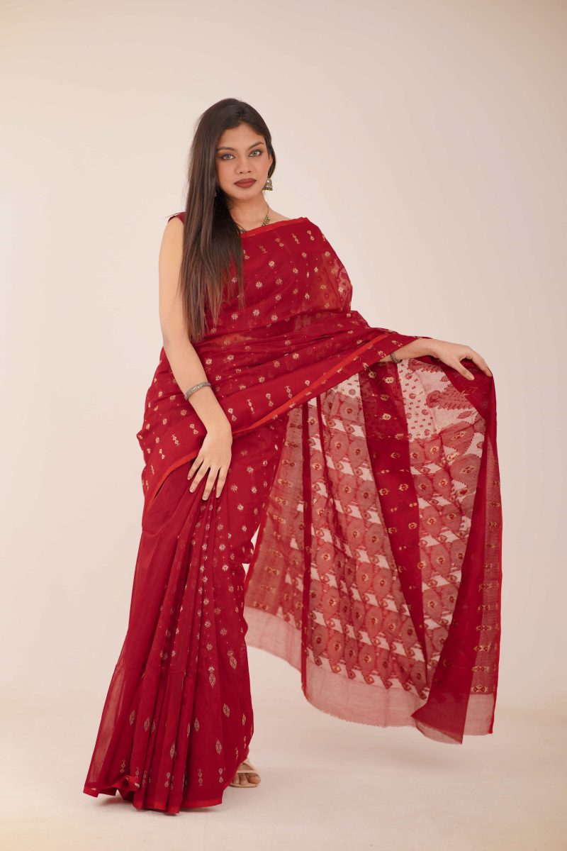 Ruby Gold Woven Jamdani Stain-Silk Saree