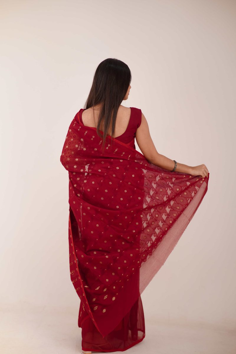 Ruby Gold Woven Jamdani Stain-Silk Saree