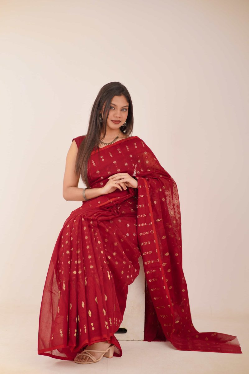 Ruby Gold Woven Jamdani Stain-Silk Saree