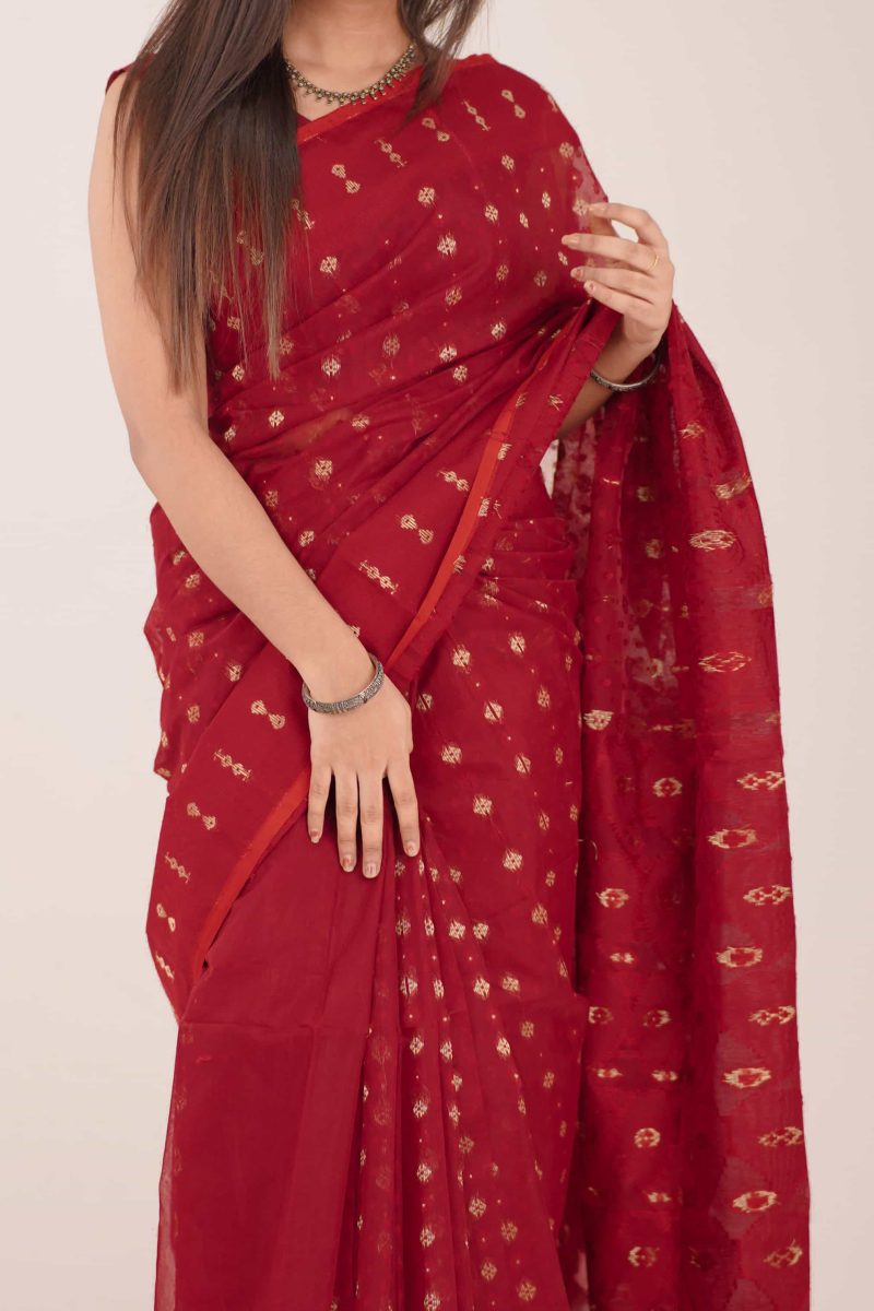 Ruby Gold Woven Jamdani Stain-Silk Saree