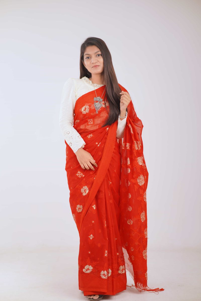 Red & Gold Floral Half Silk Saree