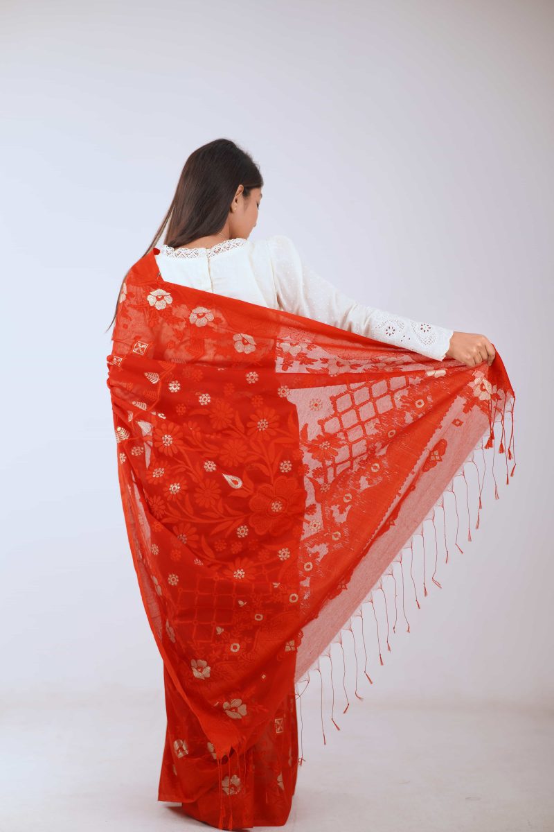 Red & Gold Floral Half Silk Saree