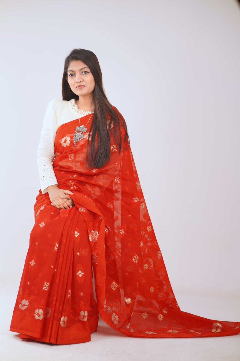 Red & Gold Floral Half Silk Saree