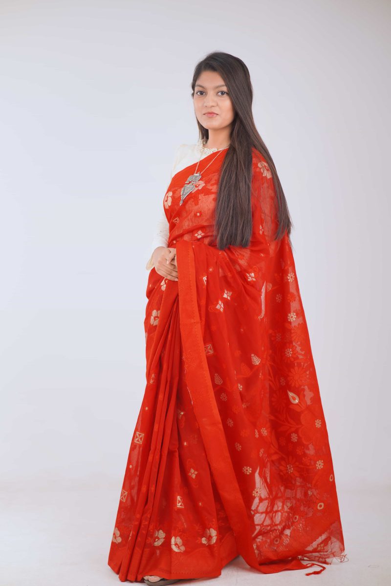 Red & Gold Floral Half Silk Saree