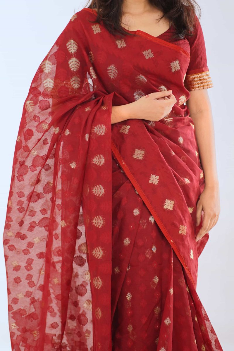 Maroon Woven Jamdani Stain-Silk Saree