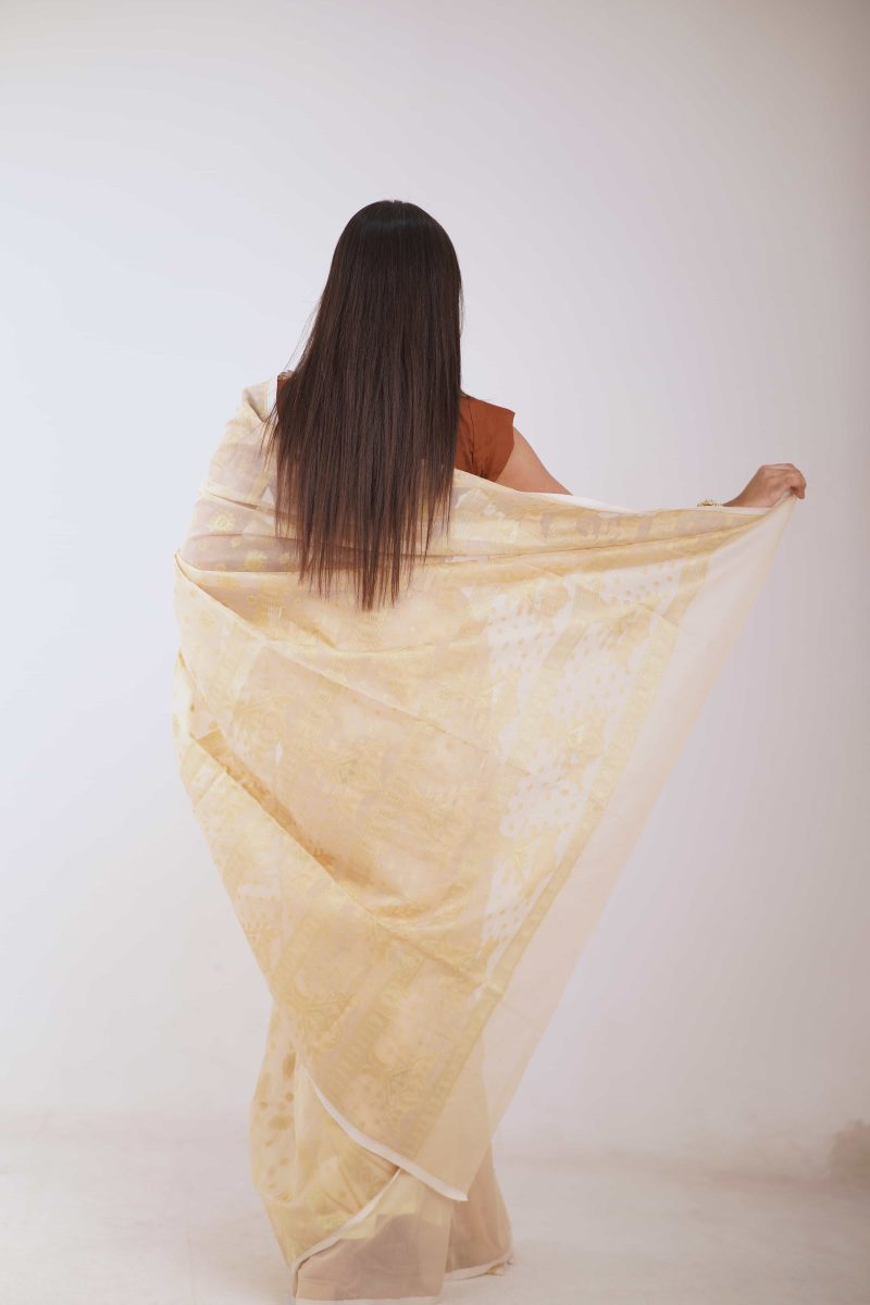 Ivory Gold Woven Jamdani Stain Silk Saree