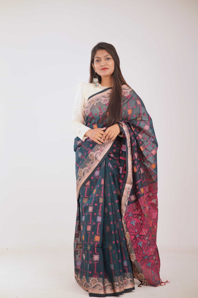 Teal Blue Dual Tone Meenakari Saree