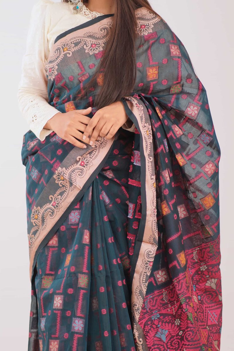 Teal Blue Dual Tone Meenakari Saree