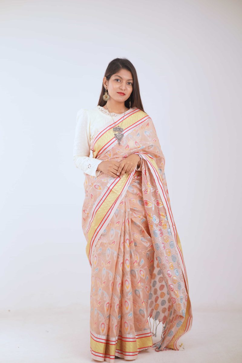 Peach Mist Dual Tone Meenakari Stain Silk Saree