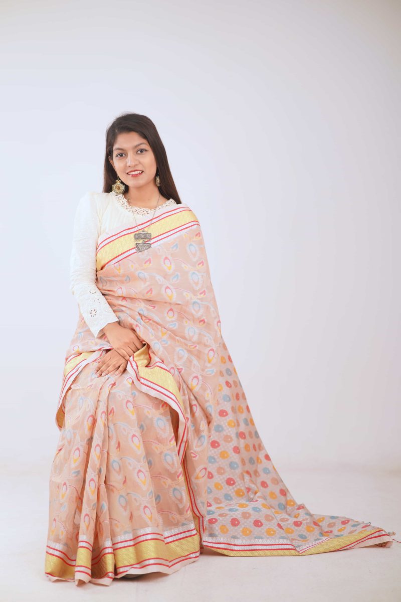 Peach Mist Dual Tone Meenakari Stain Silk Saree