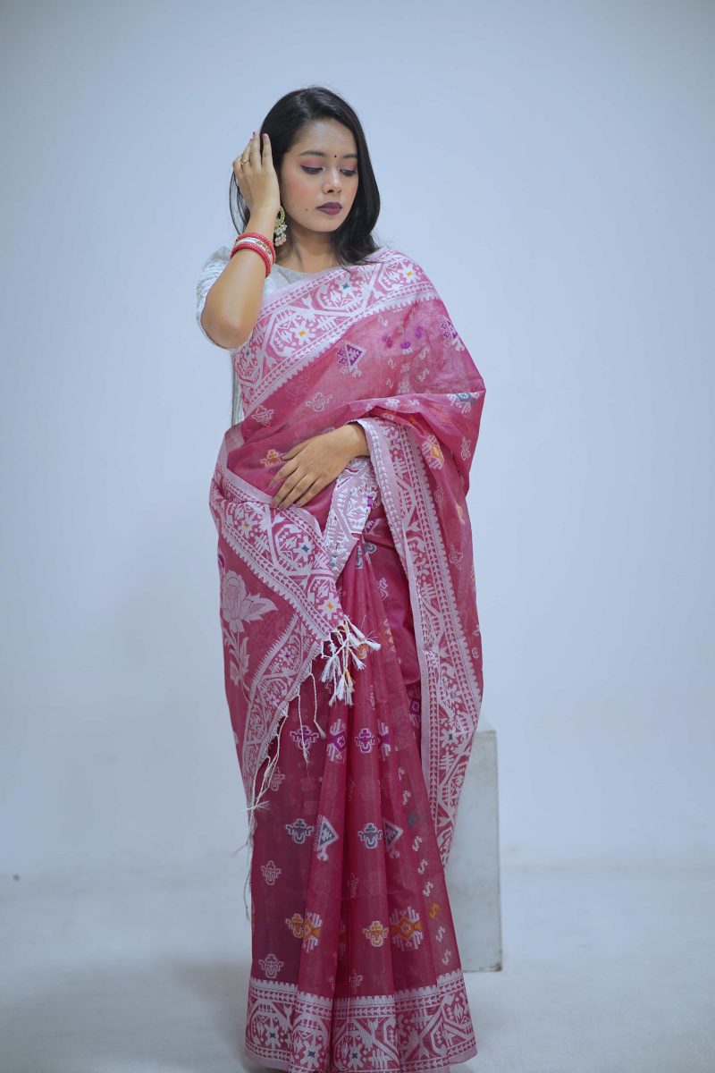 Rose Garnet Woven Dual Tone Meenakari Stain Silk Saree