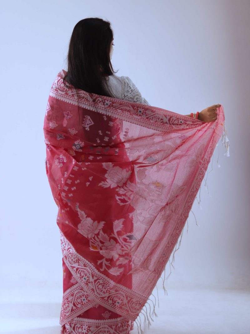 Rose Garnet Woven Dual Tone Meenakari Stain Silk Saree