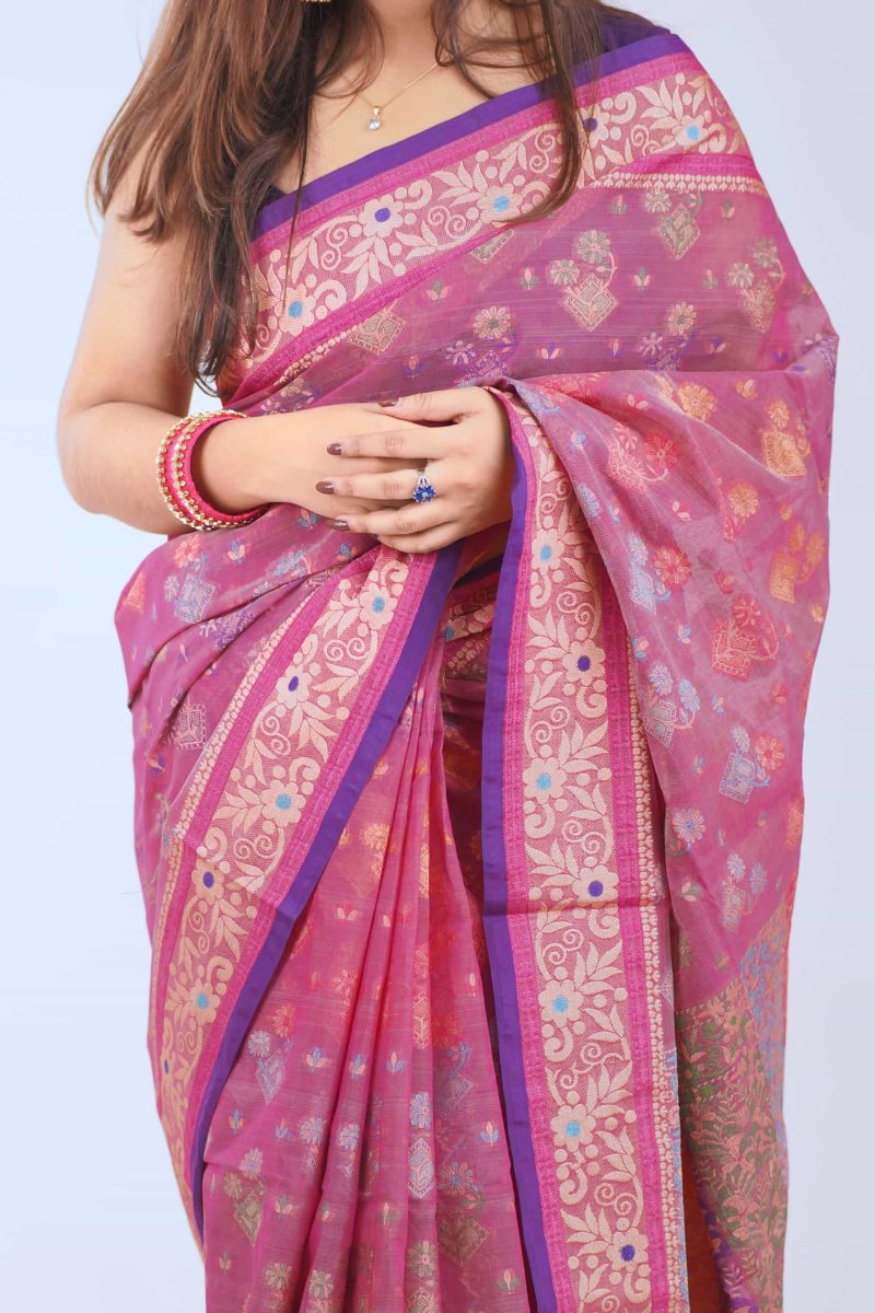 Rose Pink & Gold Floral Meenakari Saree