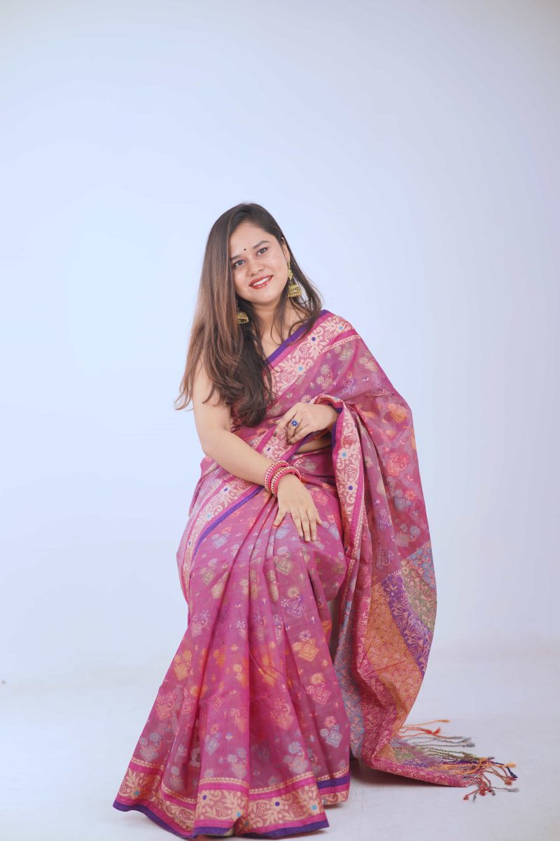 Rose Pink & Gold Floral Meenakari Saree