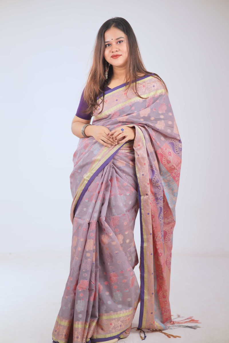 Lilac Purple & Rose Pink Floral Meenakari Saree