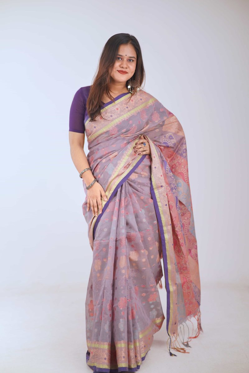 Lilac Purple & Rose Pink Floral Meenakari Saree
