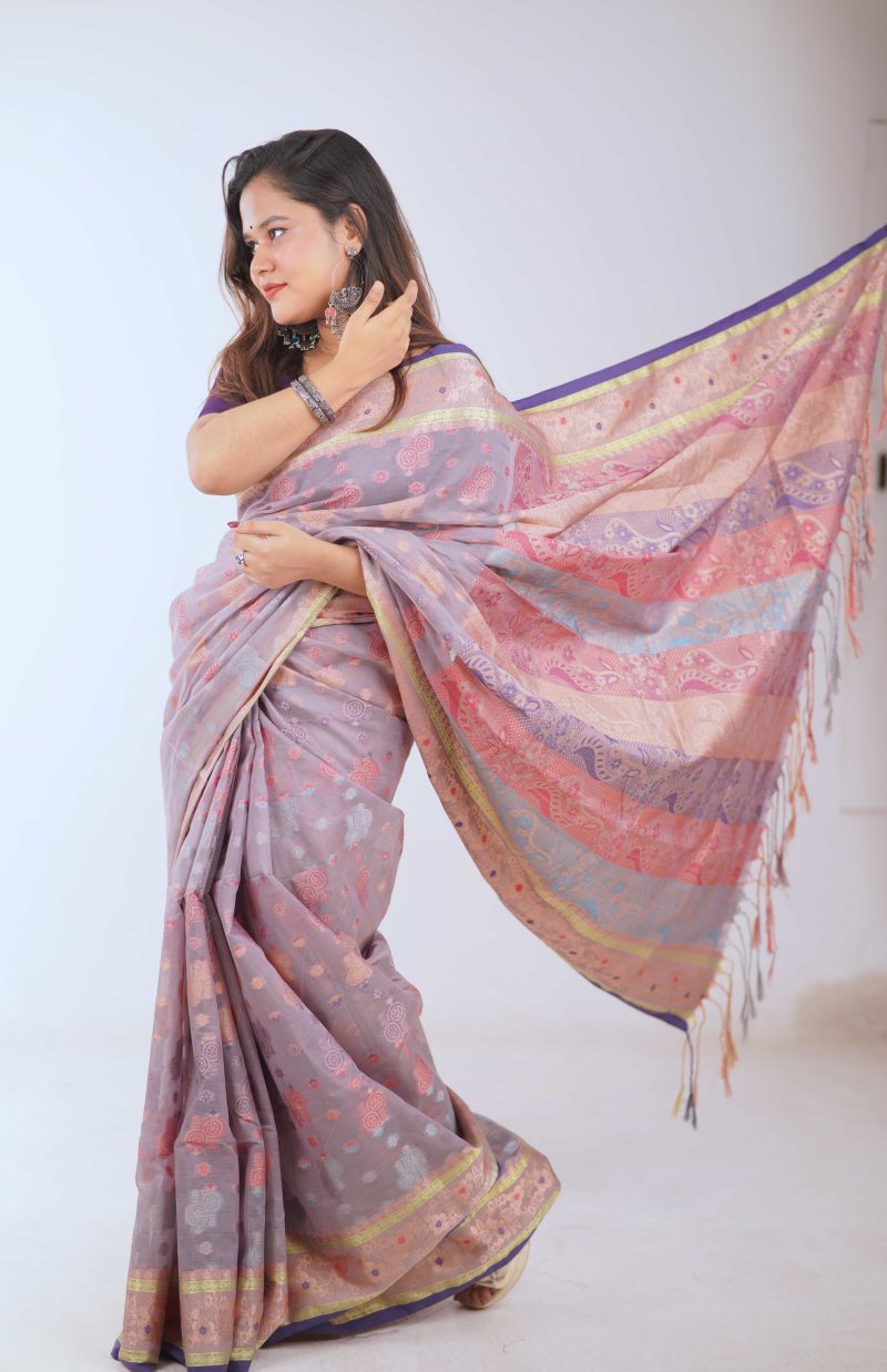 Lilac Purple & Rose Pink Floral Meenakari Saree