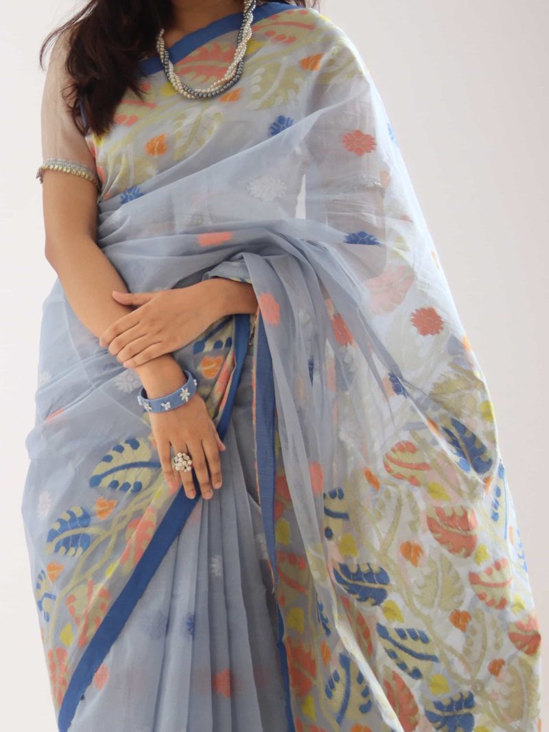 Bluish Gray Multicolor Dual-Tone Meenakari Saree
