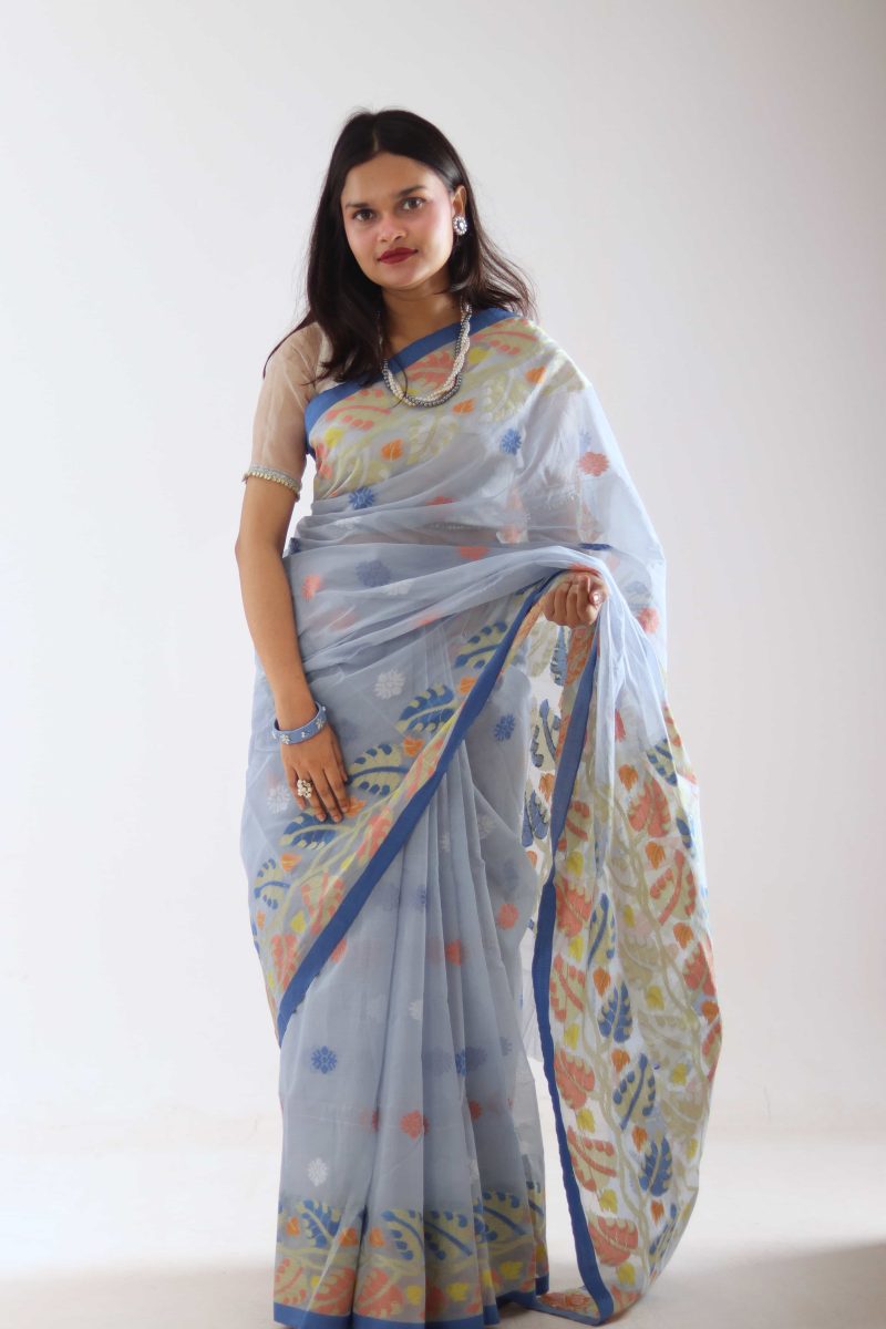 Bluish Gray Multicolor Dual-Tone Meenakari Saree